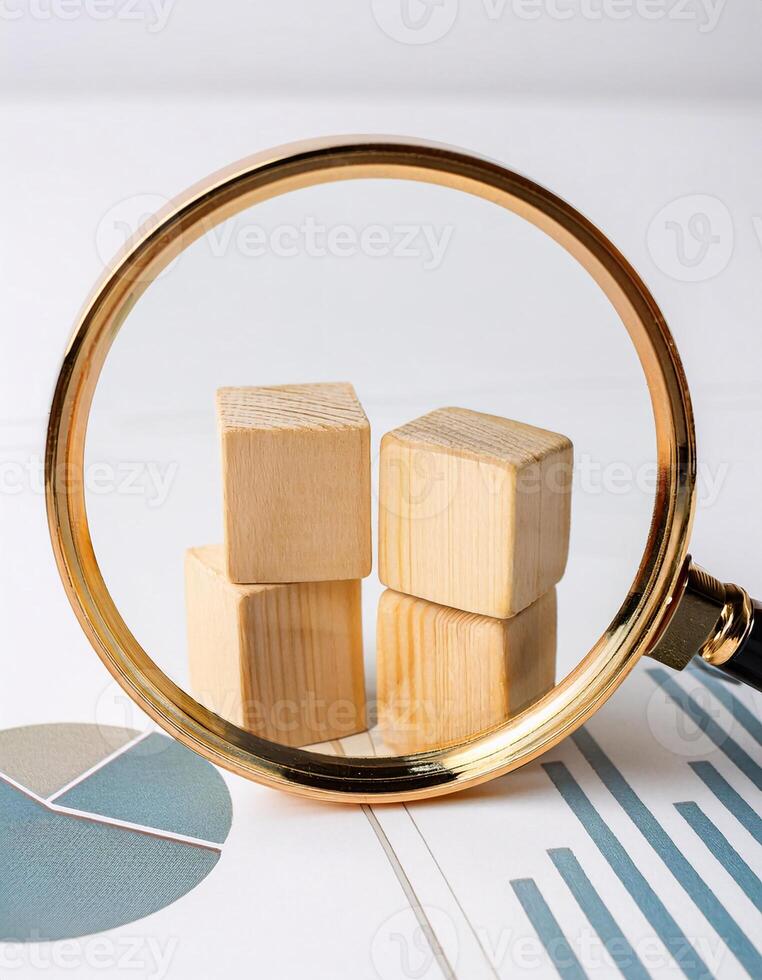 Side View of Data Analysis Process with Wooden Blocks and Magnifying Glass photo