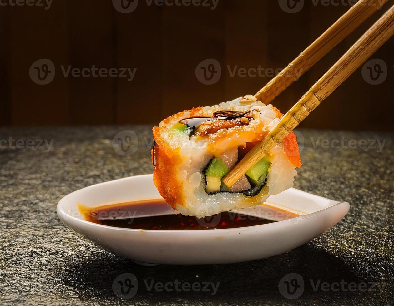 Side View of Sushi Roll with Soy Sauce and Chopsticks in Hand photo