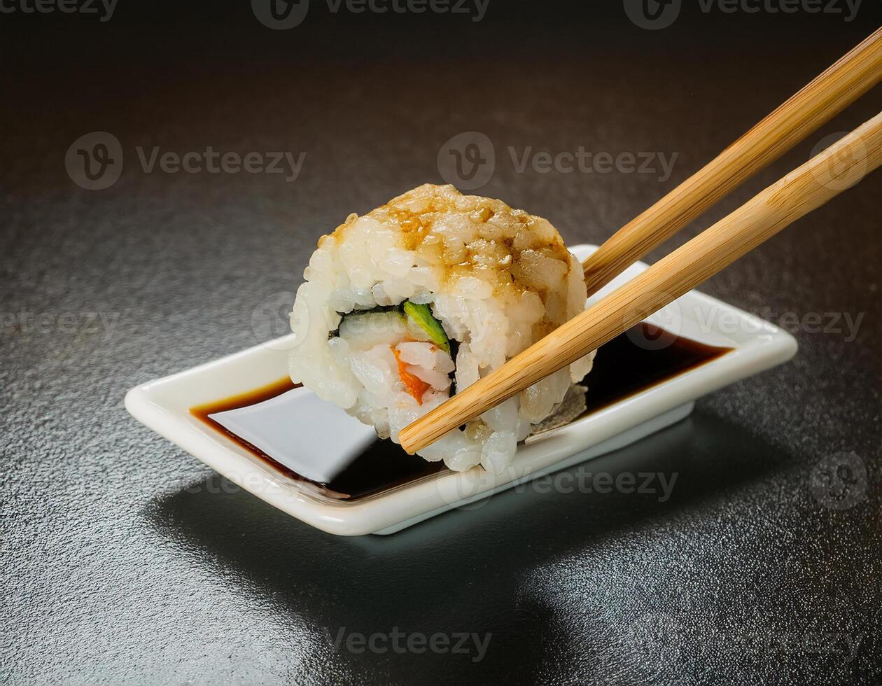 Hand Holding Chopsticks with Sushi Roll and Soy Sauce on Side photo