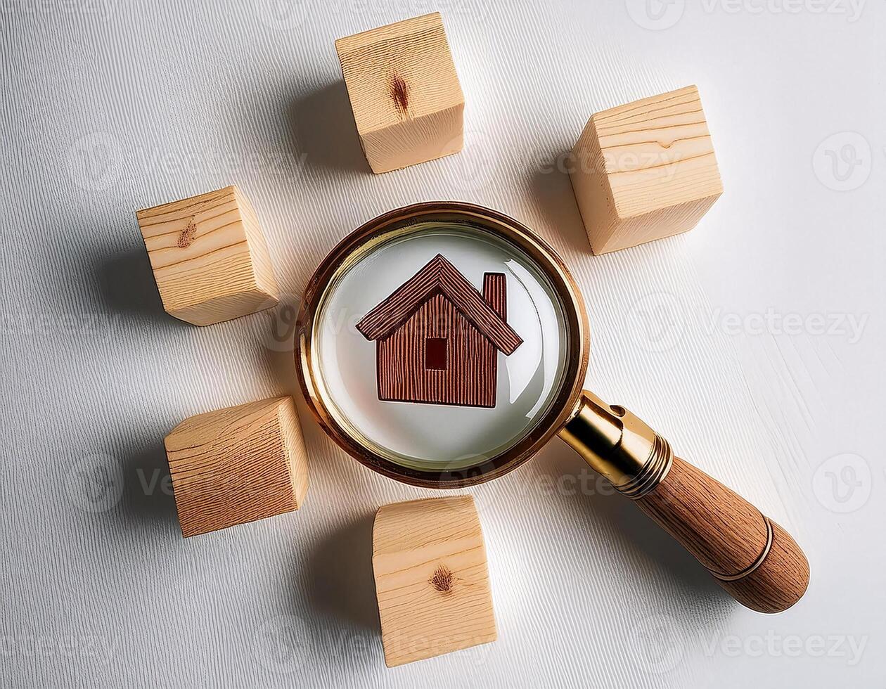 Concept of Property Investment with Magnifying Glass, Wooden Blocks, and Home Icon photo