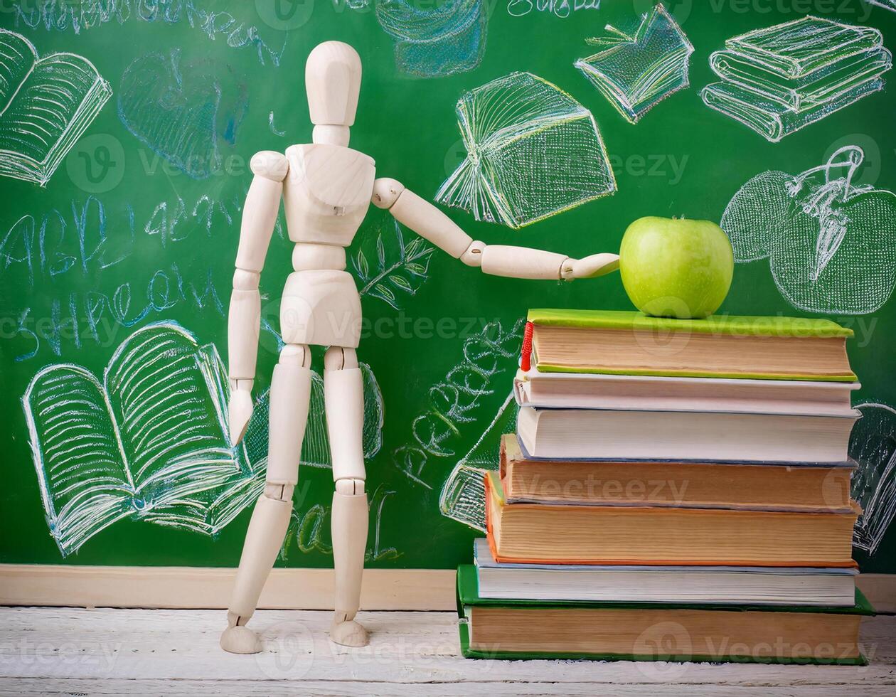 Wooden Sculpture Carrying a Green Apple, Set Against a Green Chalkboard and Books photo