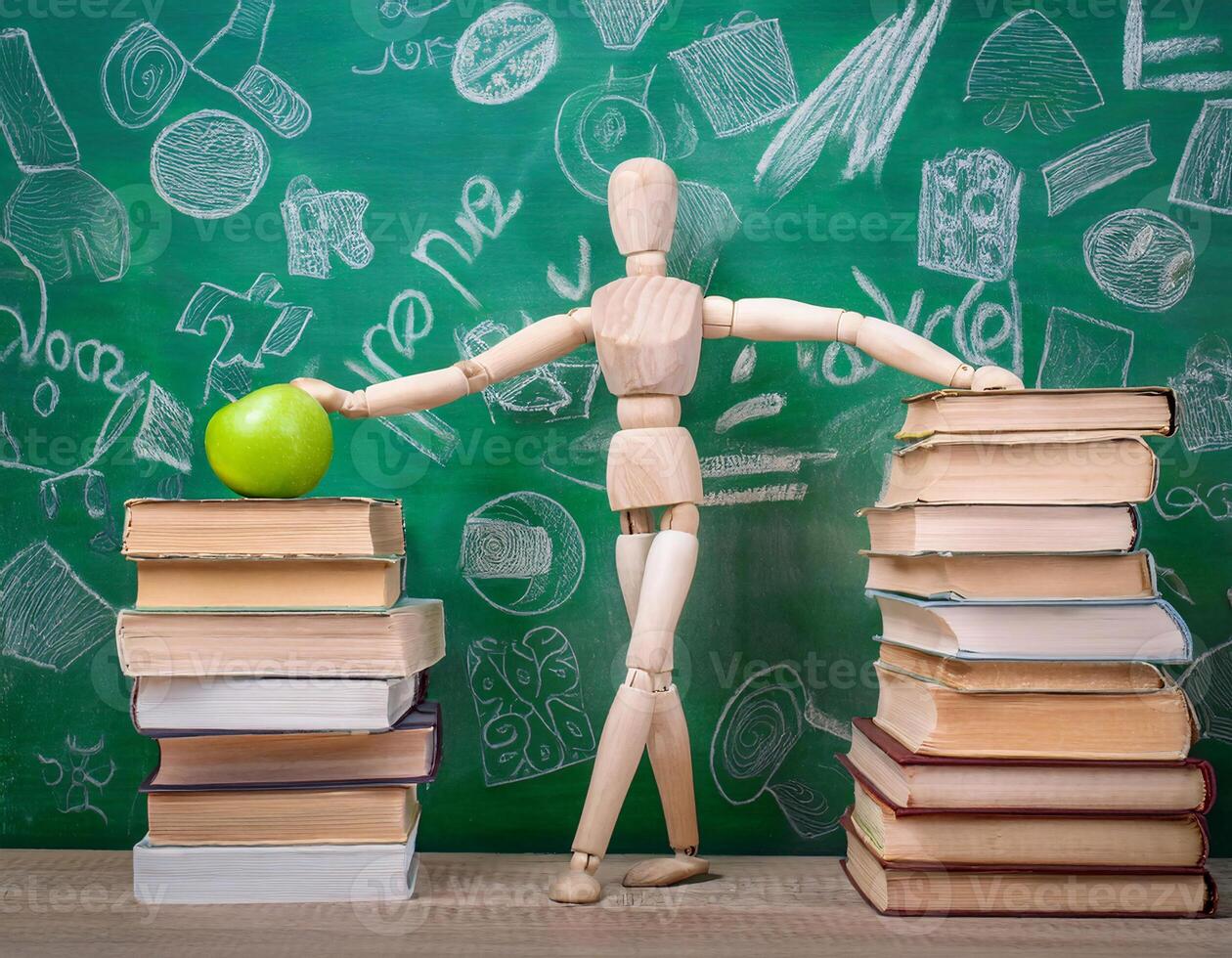 Wooden Mannequin Carrying a Green Apple Surrounded by Books, Against a Green Blackboard photo