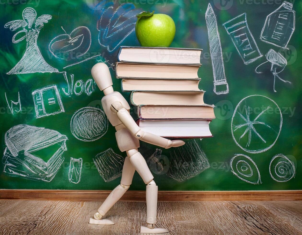 Wooden Figure Holding a Green Apple with Stacks of Books and Green Chalkboard Background photo