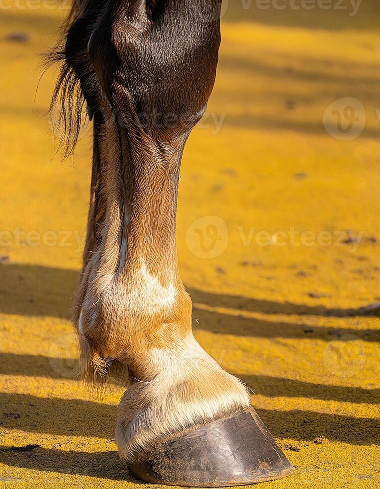 Elegance in Motion Close-Up of Horse Hooves Against a Vibrant Yellow Backdrop photo
