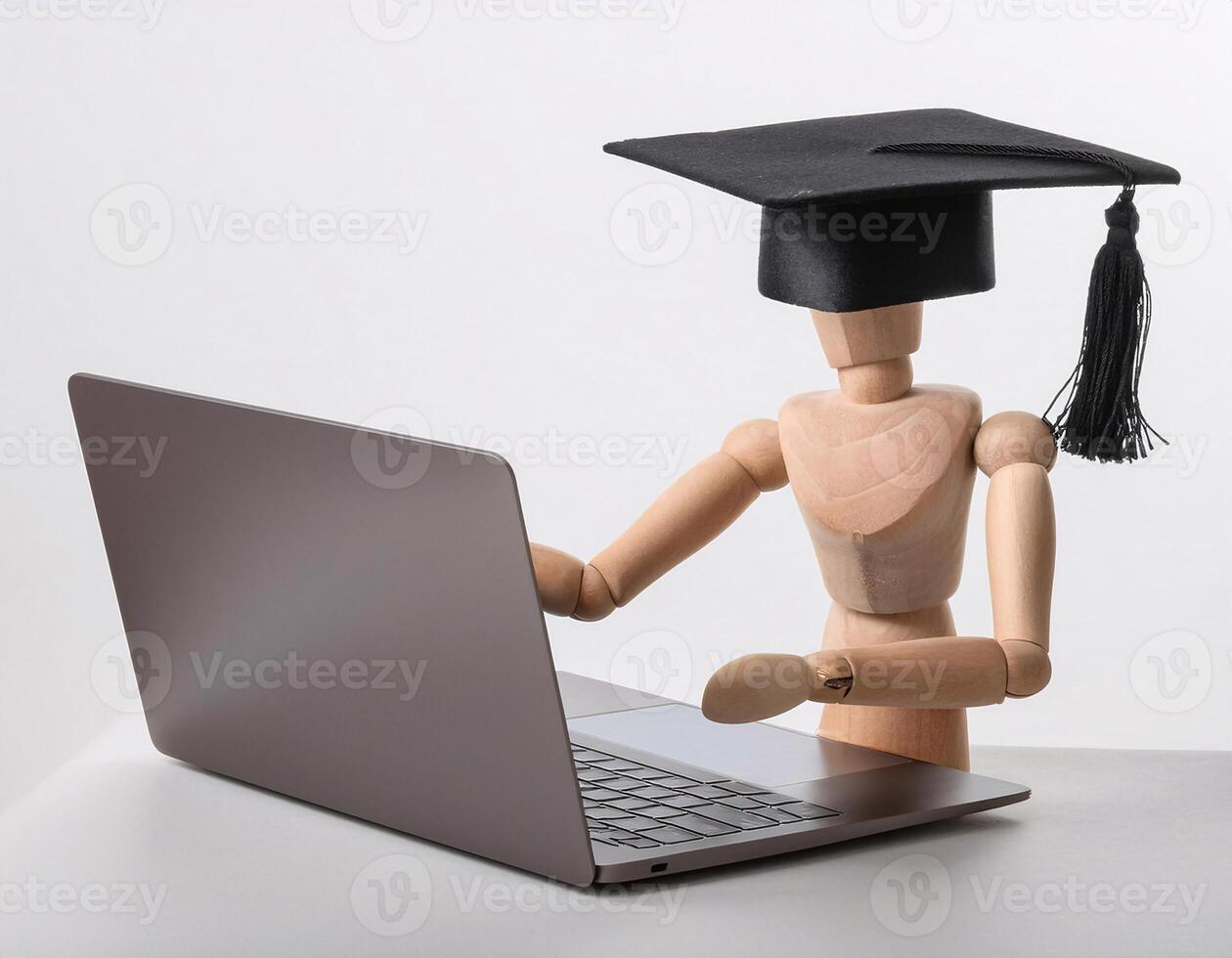 High Angle of Wooden Figurine in Graduation Hat with Laptop photo