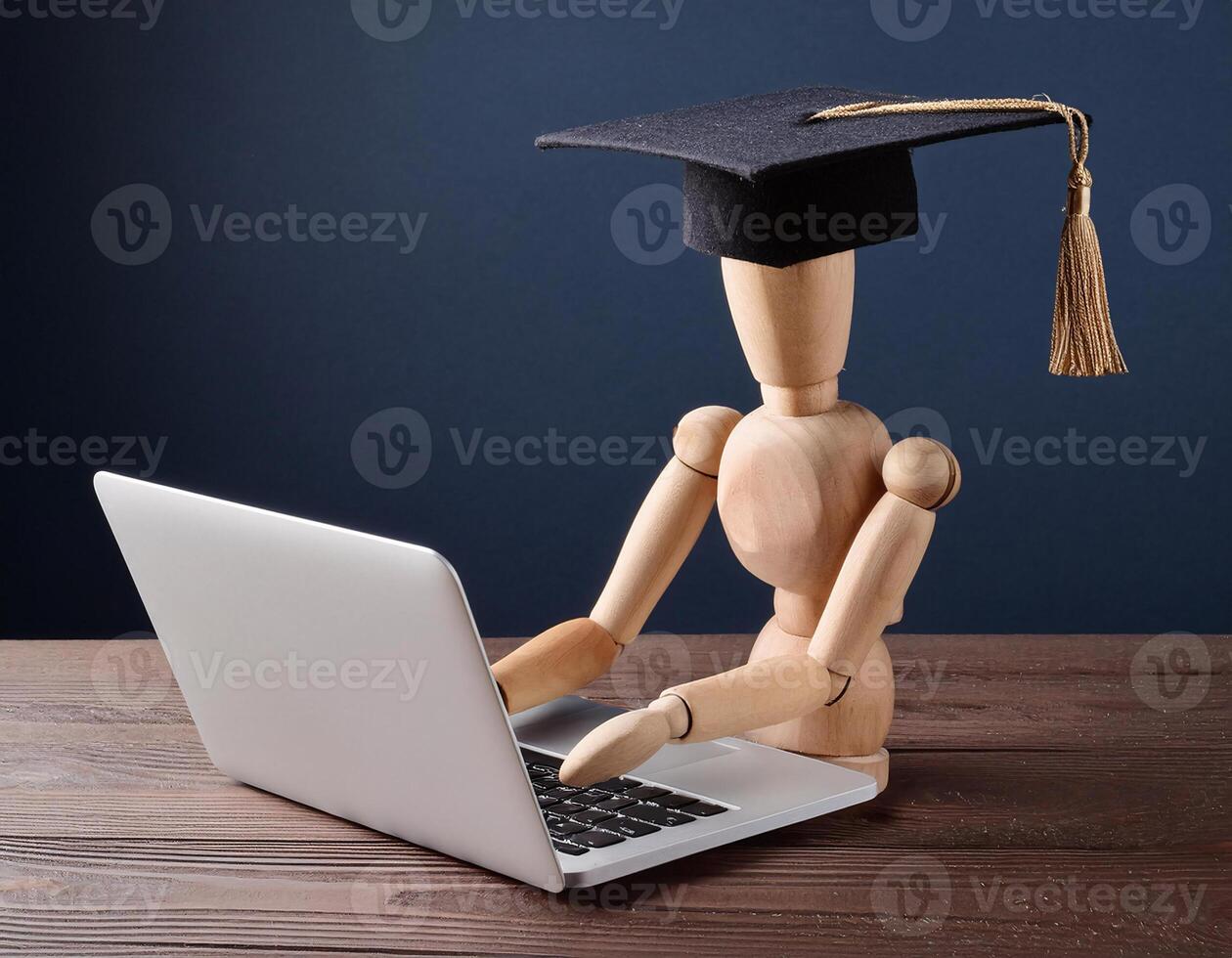 Wooden Figurine Wearing Cap on Desk with Laptop, High Angle photo