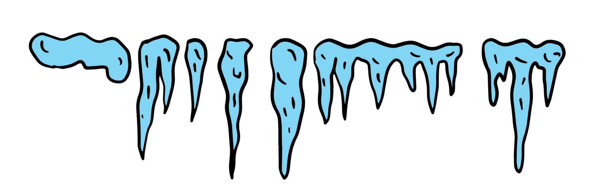collection of blue icicles illustrated, doodle style. various shapes of frozen, icy water icicles on white background.hanging ice stalactites, these elements perfectly capture the essence of wi vector