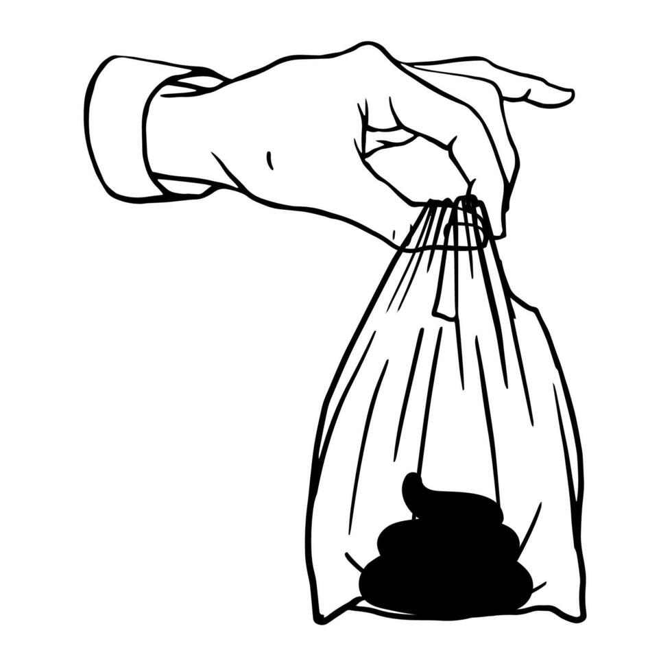 hand holding a tied plastic bag containing waste, depicted in a simple black and white style, emphasizing sanitation and cleanliness for print, brochures, poster, sticker, social apps. vector