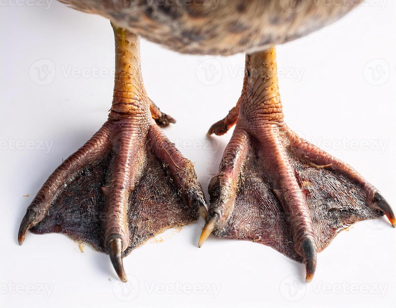 Detailed Duck Feet with Mud Stains Against a White Canvas photo