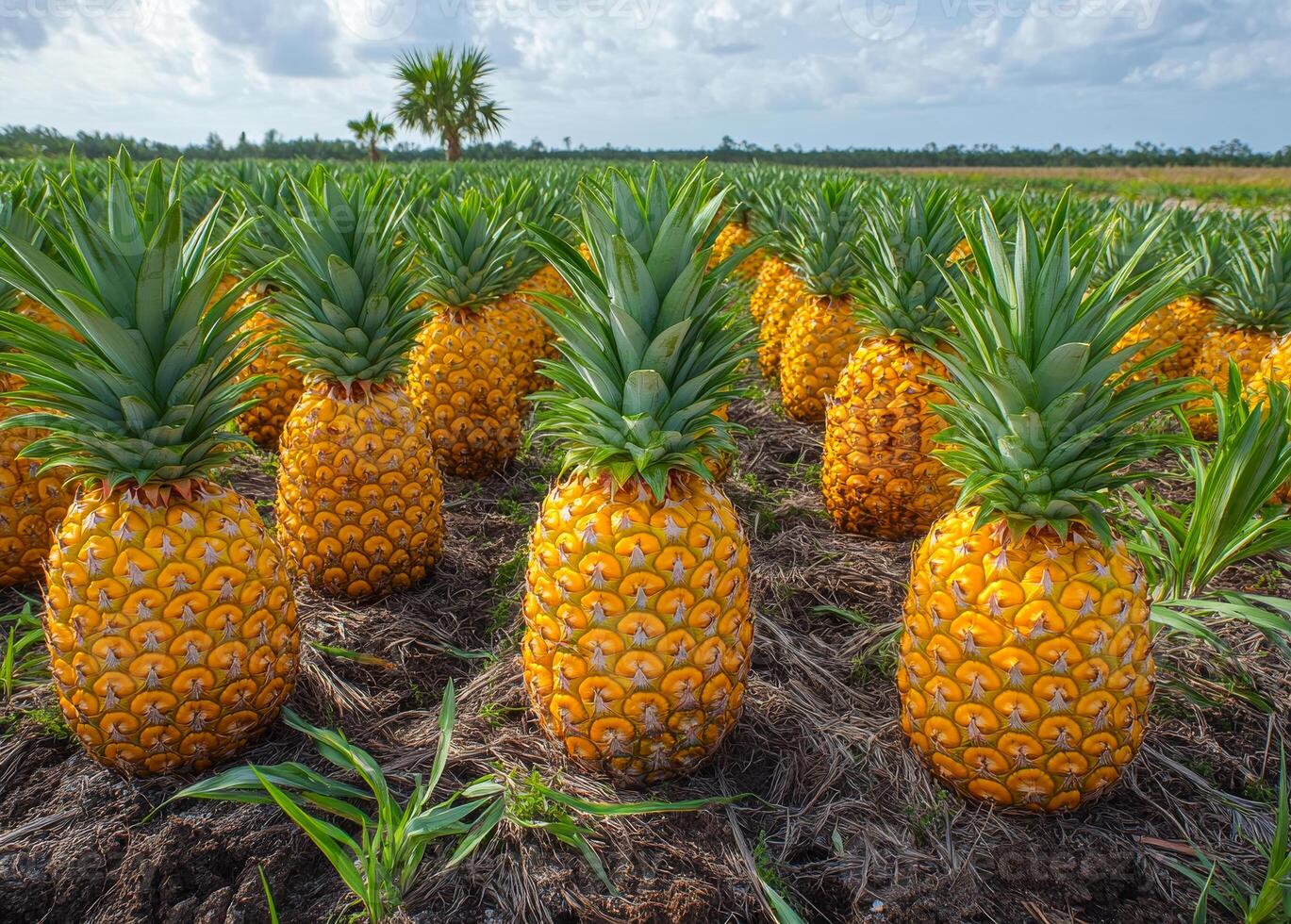 A field of pineapple plants with many ripe pineapples. The pineapples are yellow and are growing in the dirt photo
