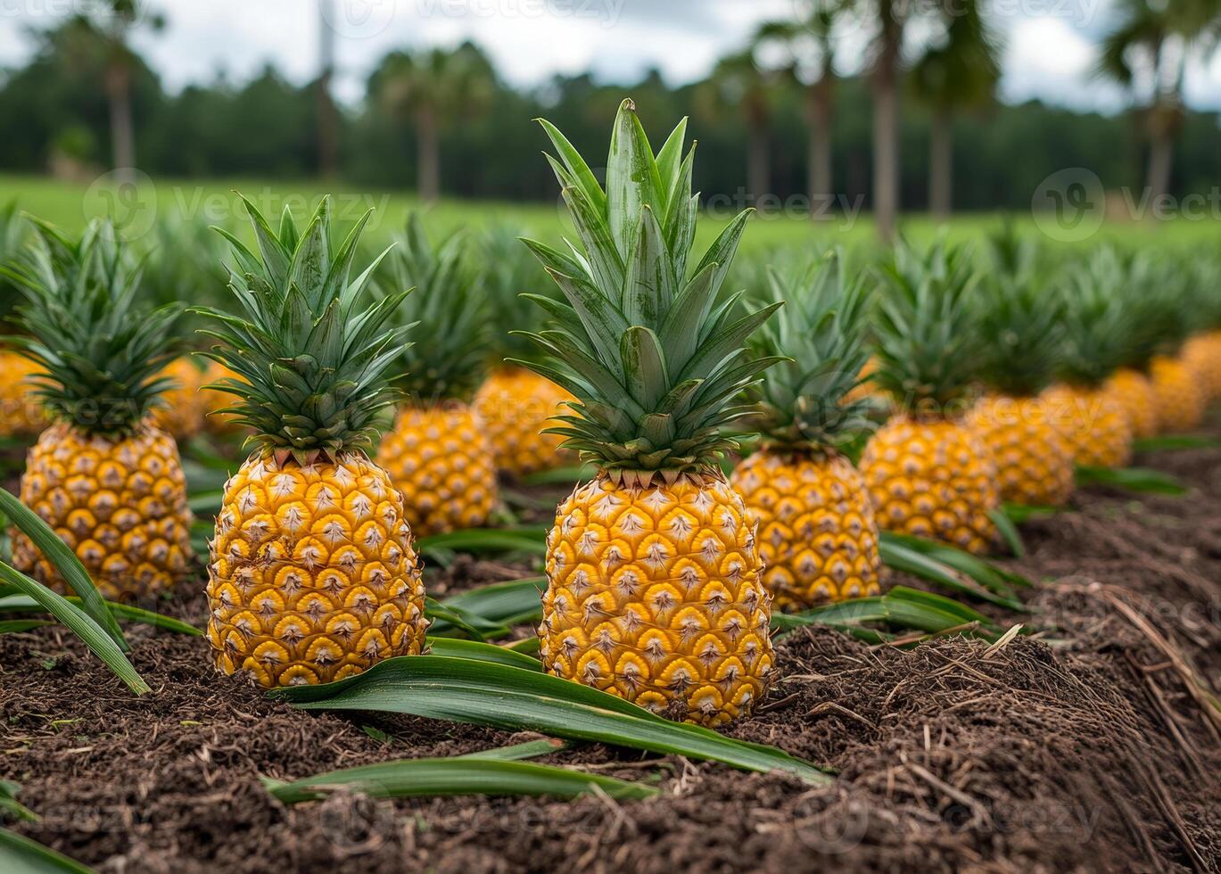 A row of pineapple plants are growing in a field. The plants are yellow and green, and they are surrounded by dirt. Concept of growth and abundance photo