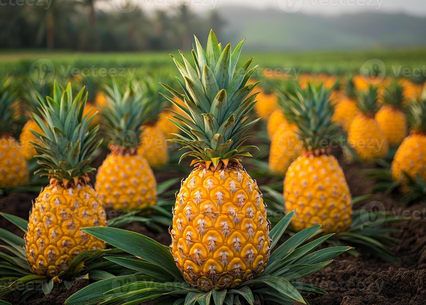 A field of yellow pineapples. The pineapples are in a field with green leaves photo