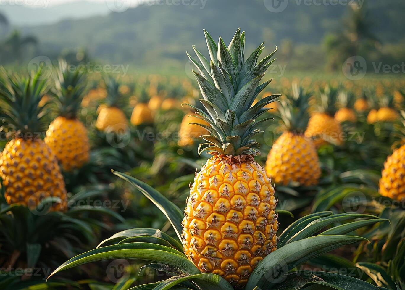 A field of pineapple plants with a single pineapple in the foreground. The pineapple is surrounded by other pineapples, and the entire scene has a bright, sunny, and cheerful mood photo