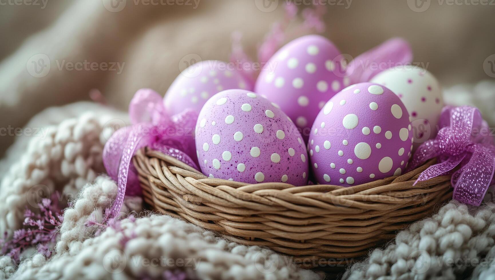 A basket of eggs with purple and white polka dots. The eggs are arranged in a basket and are surrounded by a blanket. The basket is placed on a table photo