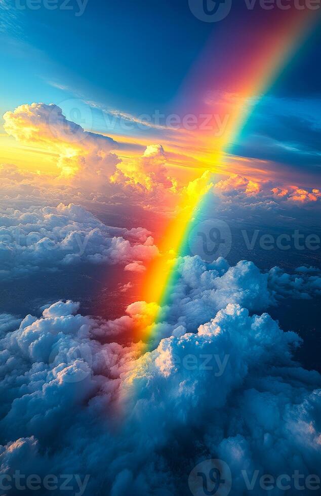 A rainbow is seen in the sky above a cloudy sky. The sky is blue and the clouds are white photo