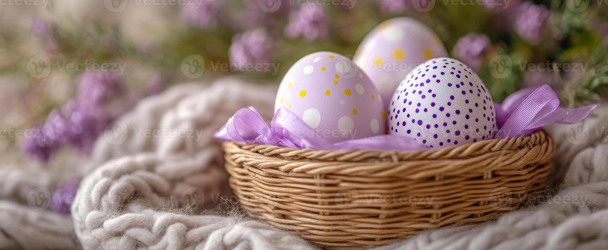 A basket of painted eggs sits on a blanket. The eggs are decorated with polka dots and stripes, and the basket is woven from straw. Concept of warmth and comfort, as the eggs photo