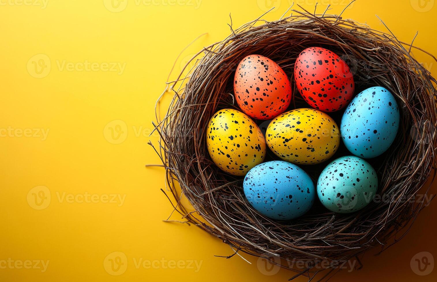 A nest of eggs with a yellow background. The eggs are of different colors, including blue, yellow, and red. The nest is made of twigs and branches photo