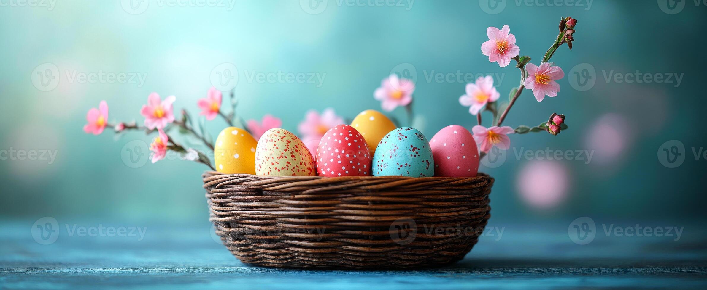 A basket of Easter eggs is sitting on a table with pink flowers in the background. The basket is filled with a variety of eggs, including some that are painted and others that are plain photo