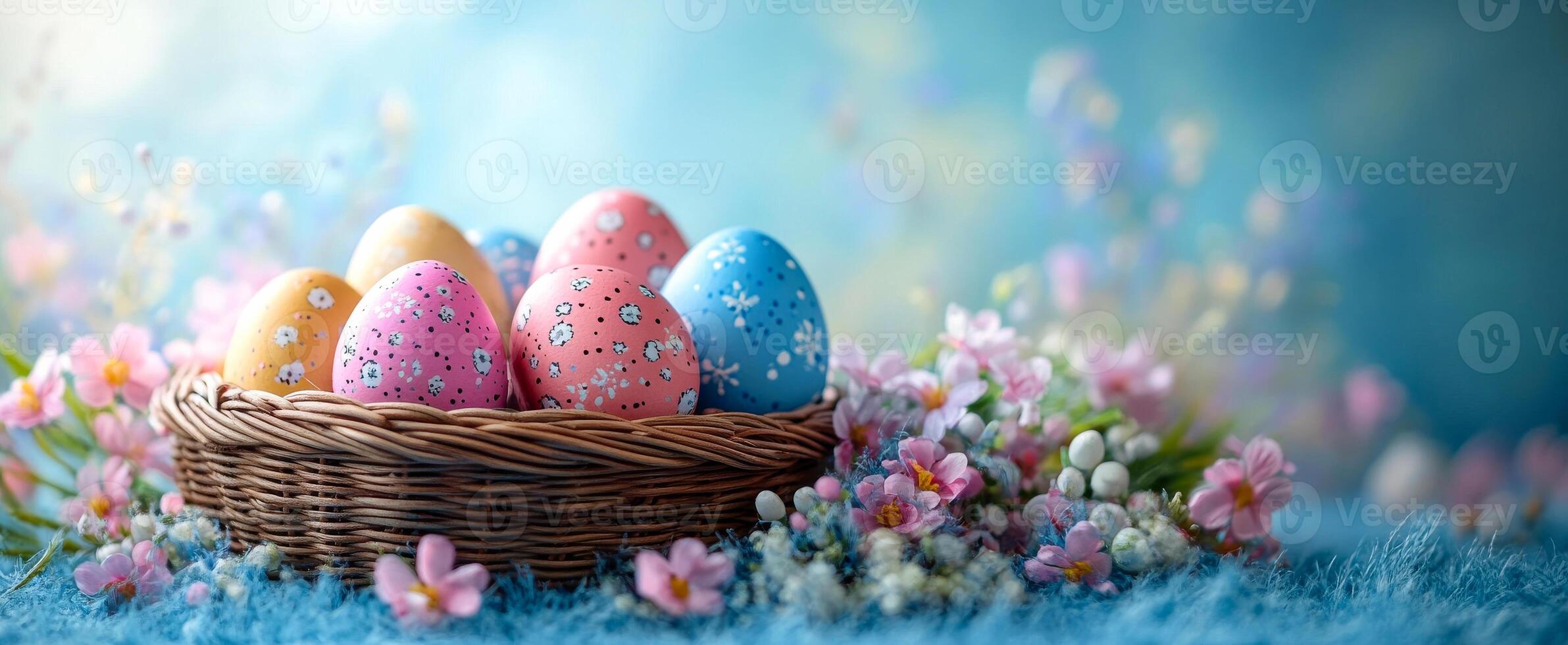 A basket of Easter eggs is surrounded by flowers and placed on a blue background. The basket is filled with a variety of colored eggs, including pink, yellow, and blue photo