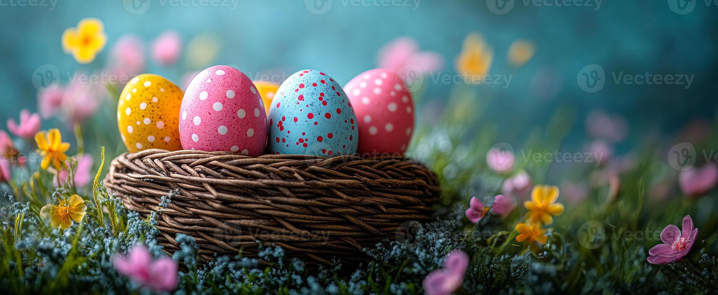 A basket of eggs with a blue and pink one in the middle. The basket is in a field of flowers photo