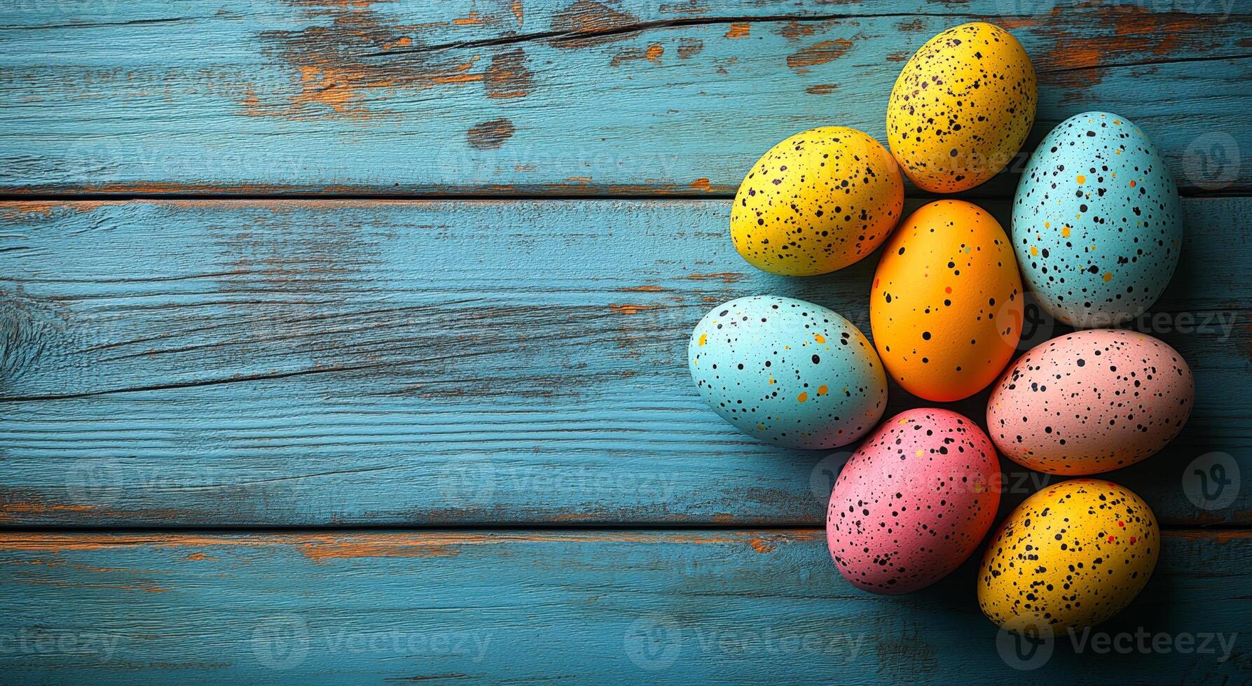 A bunch of colorful eggs are sitting on a wooden table. The eggs are of different colors, including blue, pink, and yellow. The arrangement of the eggs creates a playful and cheerful atmosphere photo