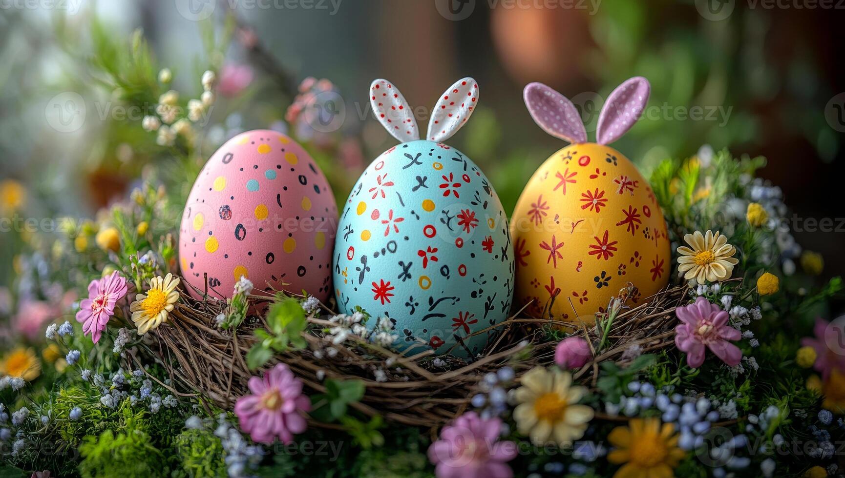 Three painted eggs with bunny ears are sitting in a basket of flowers. The eggs are in a nest of flowers and grass, and the basket is placed on a table. The scene is colorful and cheerful photo