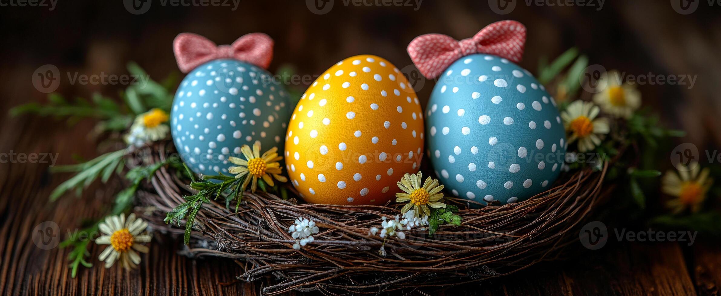 Three painted eggs with polka dots and bows are sitting in a nest of twigs and flowers photo