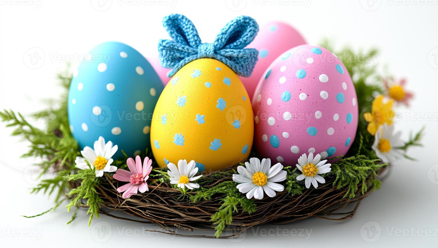 A basket of painted eggs with a blue ribbon and flowers. The eggs are in different colors and sizes, and the flowers are yellow and pink. The basket is placed on a white surface photo