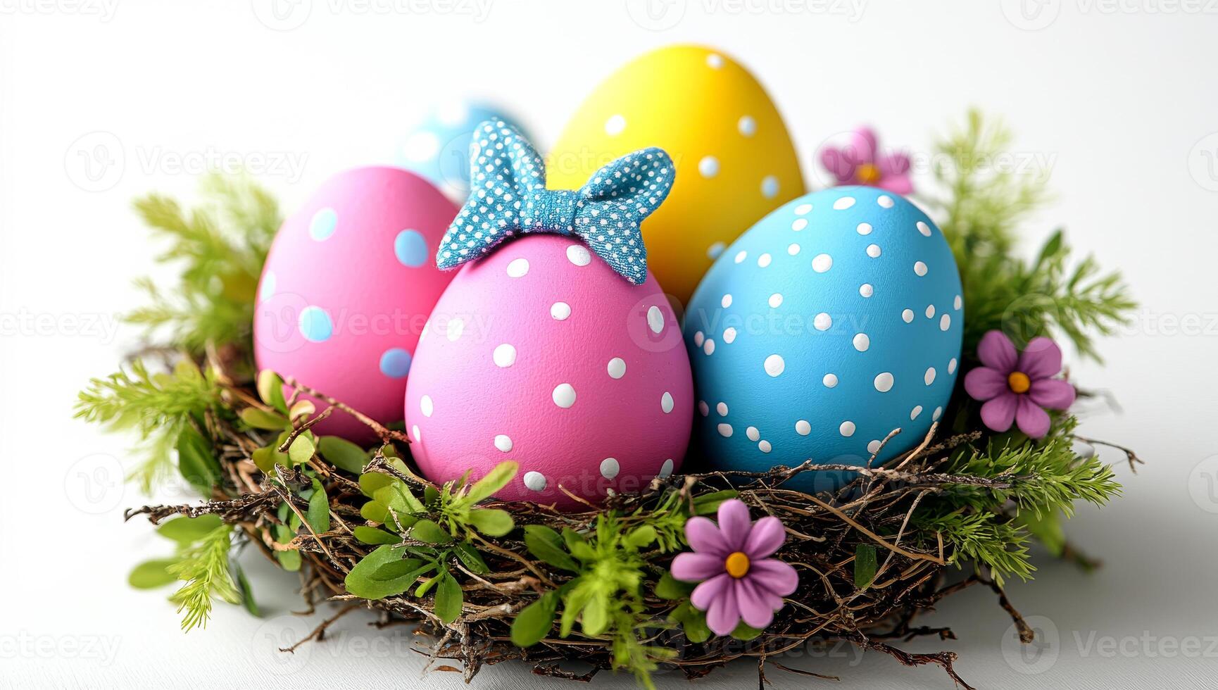 A basket of painted eggs with a bow and flowers. The eggs are in a nest and are decorated with polka dots and a bow. The basket is on a white background photo