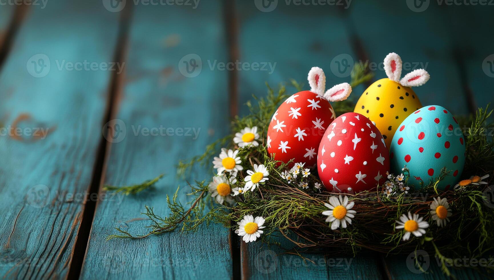 A basket of painted Easter eggs sits on a wooden table. The eggs are in various colors and designs, and there are also some flowers in the basket. Concept of warmth and joy photo