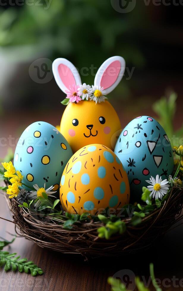 A basket of painted Easter eggs with a bunny on top. The eggs are in different colors and designs, and the bunny is wearing a flower crown. The basket is placed on a wooden surface photo