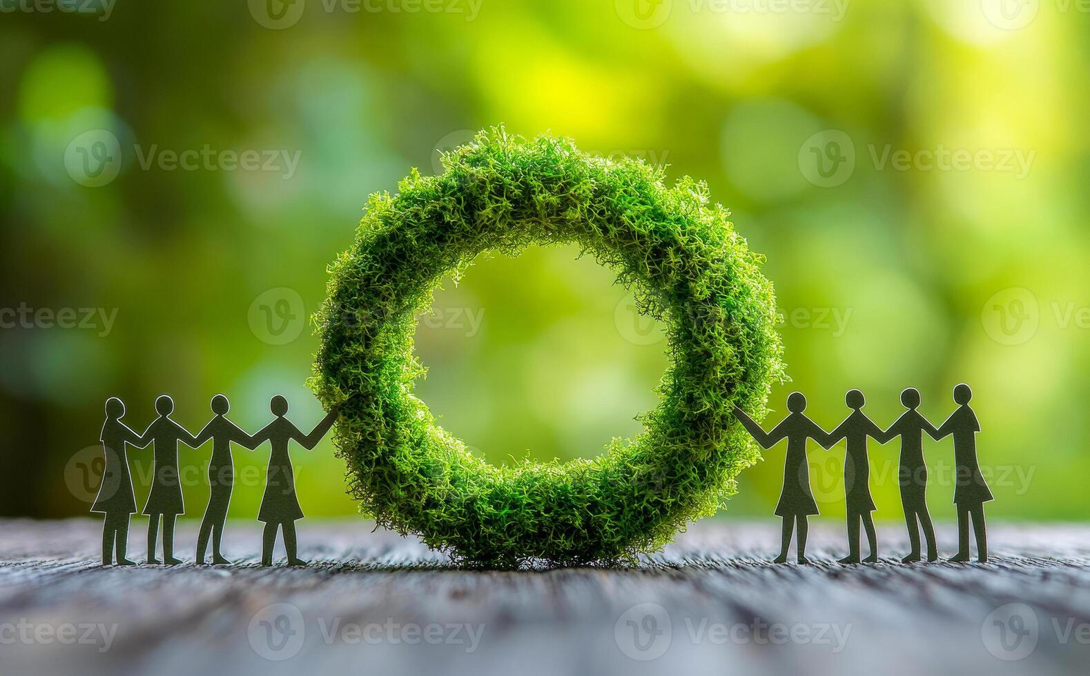 A group of people are holding hands around a green plant. Concept of unity and togetherness, as the people are working together to nurture and care for the plant photo