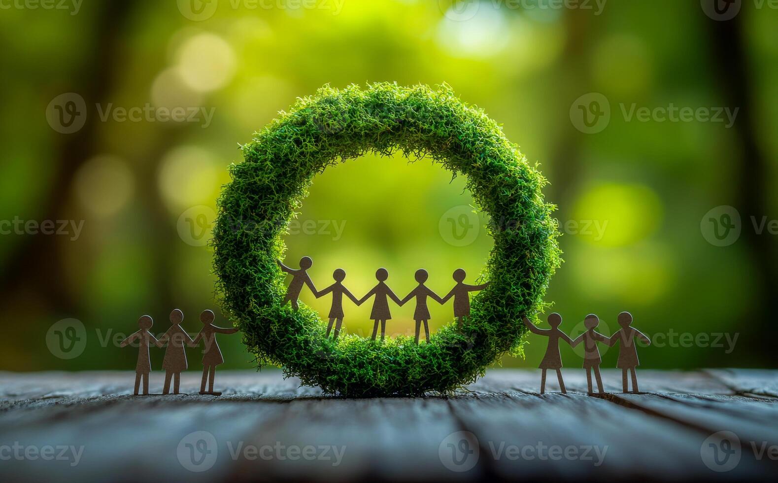 A group of people are holding hands in a circle of green plants. Concept of unity and togetherness, as the people are all connected by the plants photo