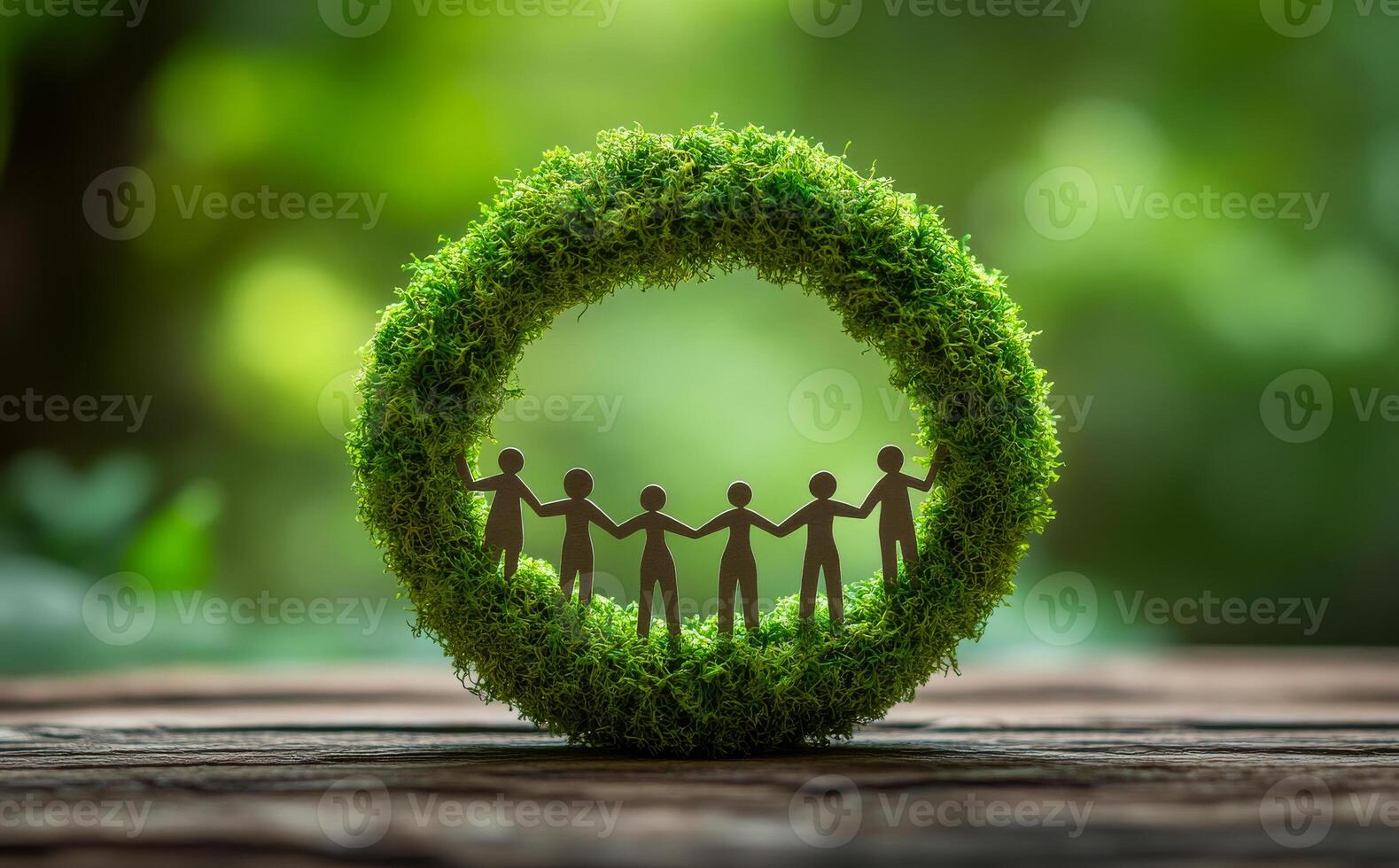 A group of people are holding hands in a circle of green grass. Concept of unity and togetherness, as the people are all connected by the same circle. The green grass adds a natural photo