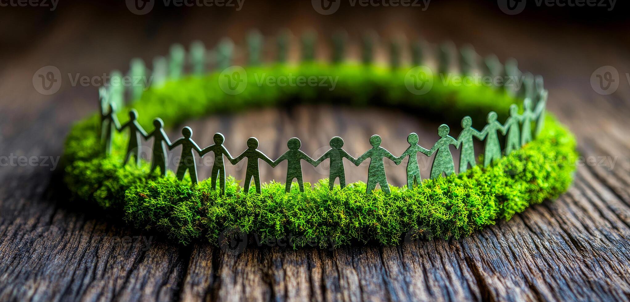 A group of people are holding hands in a circle. The people are made of paper and the circle is made of moss. Concept of unity and togetherness photo