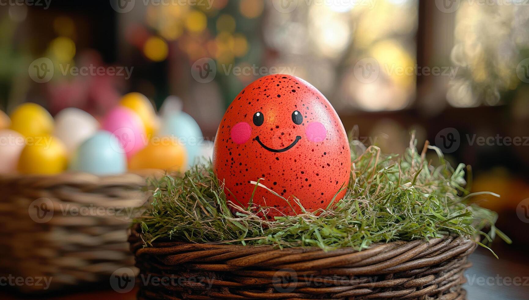 A red egg with a smiley face on it is sitting on a bed of grass. The egg is surrounded by a basket of eggs, some of which are also smiling. Concept of joy and playfulness photo