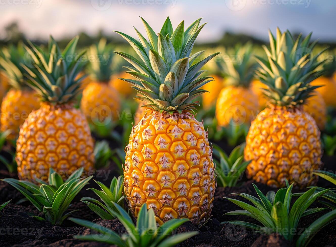 A bunch of pineapples are growing in a field. The pineapples are yellow and green photo