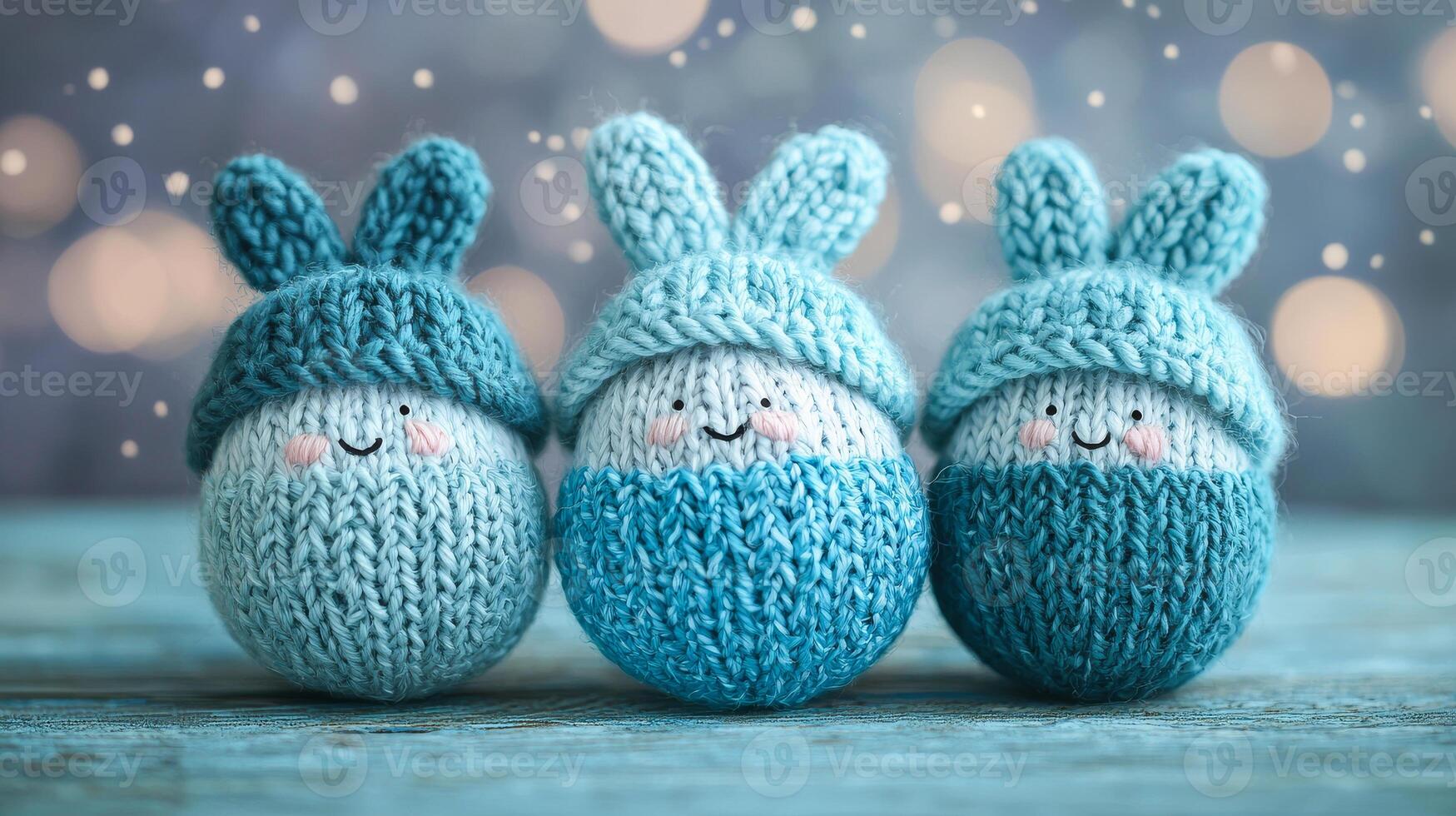 Three blue knit rabbits are sitting on a wooden table. The rabbits are smiling and appear to be happy photo