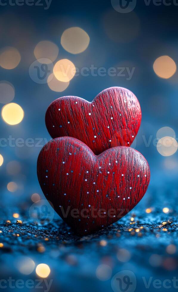 Two red hearts are sitting on a blue background. The hearts are wooden and have a shiny, glittery appearance. The scene is set against a dark blue background, which creates a sense of intimacy photo