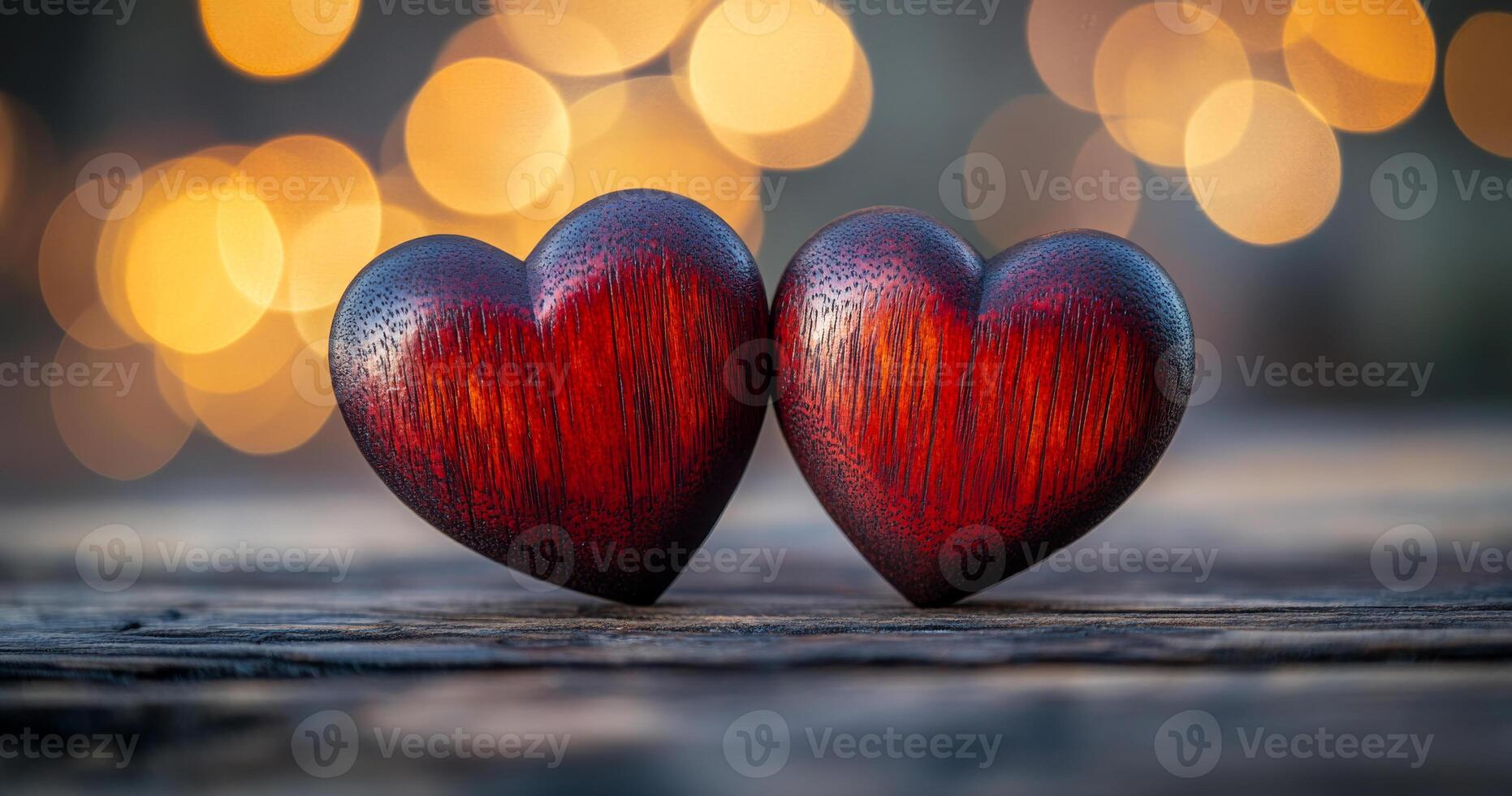 Two hearts are placed on a wooden surface, one of which is slightly larger than the other. Concept of love and affection, as the hearts are positioned close together photo