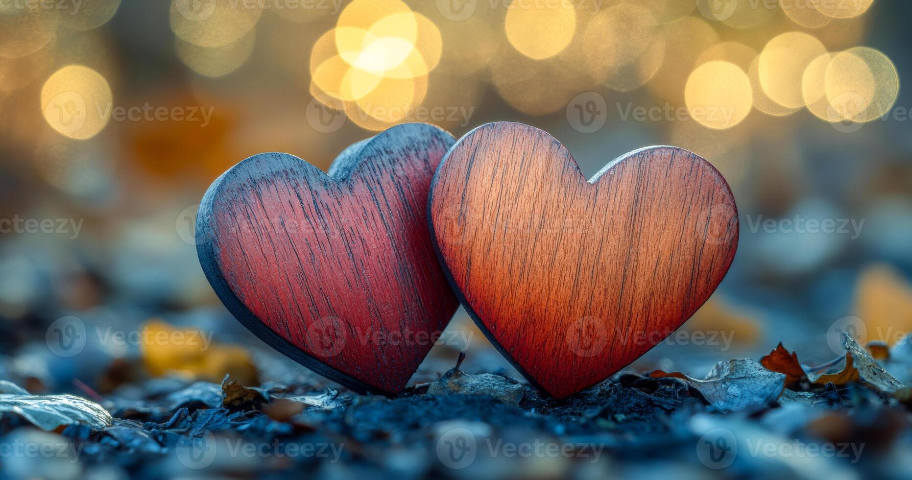 Two wooden hearts are placed on a blue surface. The hearts are positioned close to each other, and their wooden texture gives them a rustic and natural appearance photo