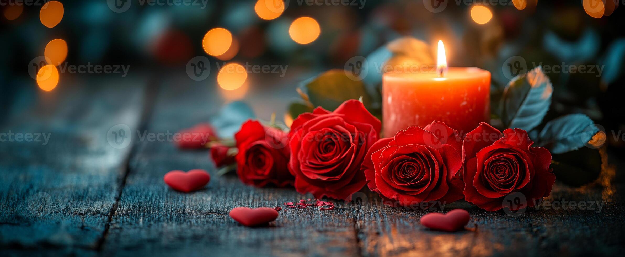 A candle is lit on a table with red roses. The candle is surrounded by red roses and heart-shaped decorations. The image conveys a romantic and intimate atmosphere photo