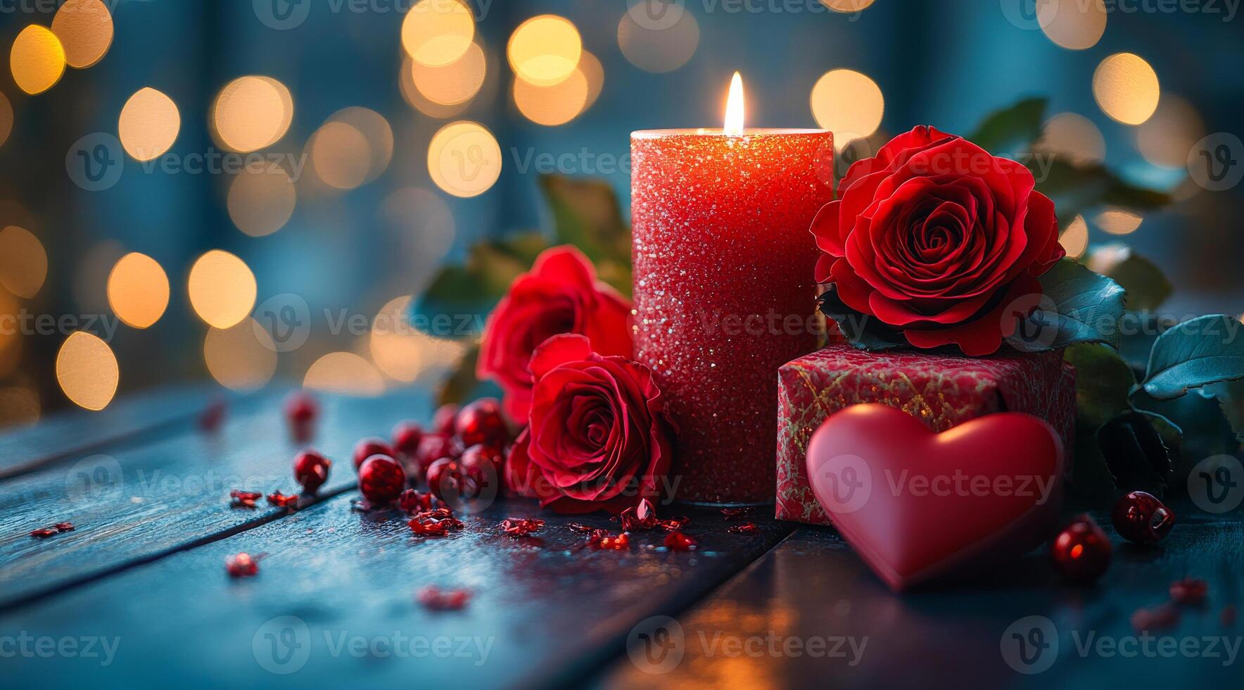 A candle is lit on a table with red roses and a heart. The scene is romantic and intimate, with the candle providing a warm and cozy atmosphere. The red roses and heart symbolize love and affection photo