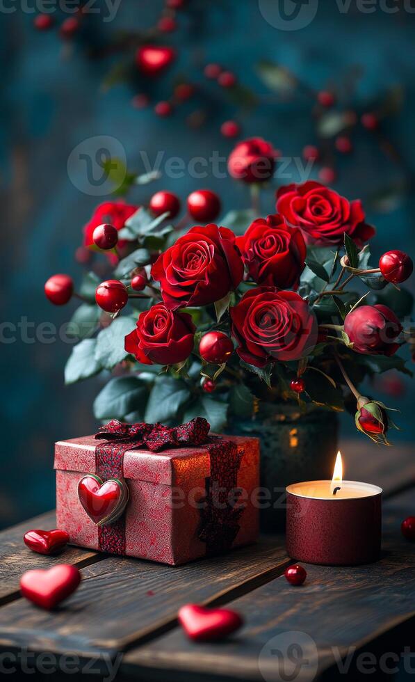 A bouquet of red roses is placed on a wooden table next to a red box with a heart on it and a lit candle. Concept of love and warmth, as the roses and heart symbolize affection photo