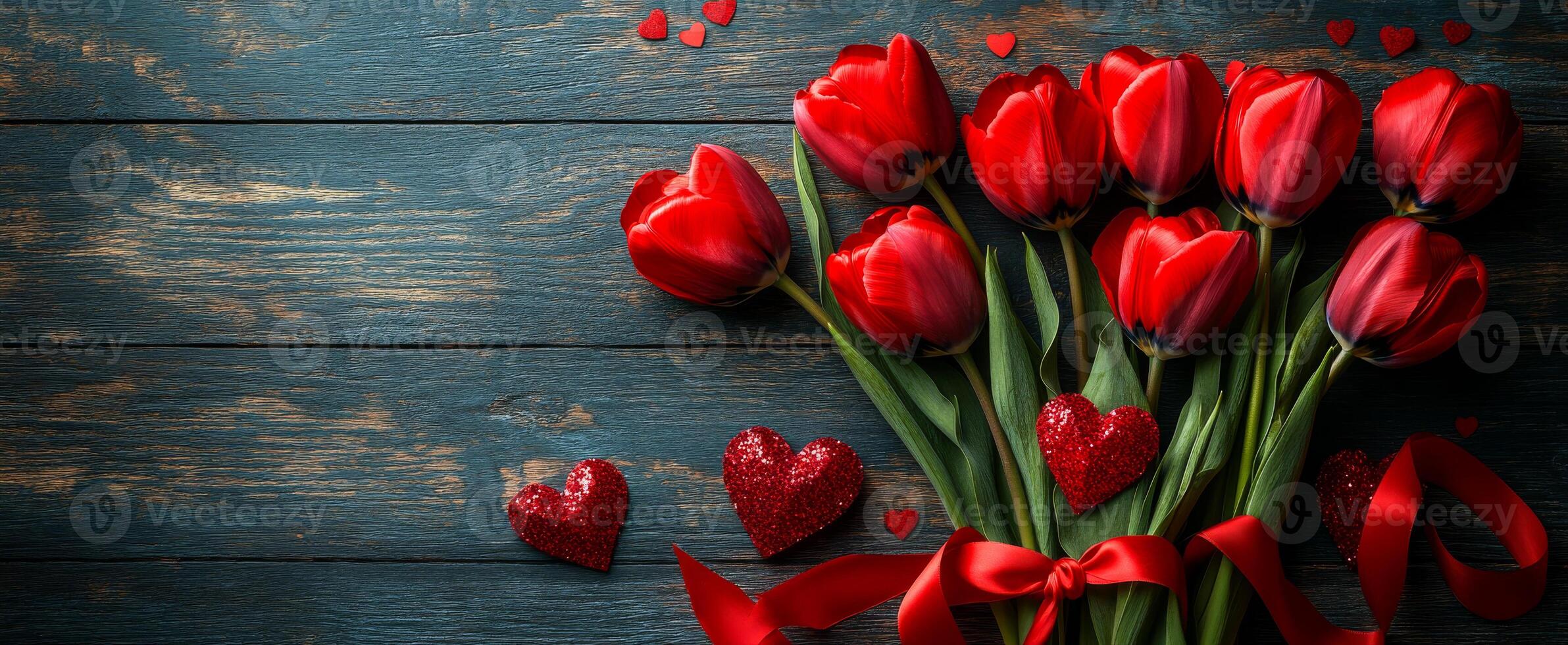 A bouquet of red tulips with hearts and ribbons on a wooden background. Concept of love and romance, as the red tulips and hearts are often associated with Valentine's Day photo