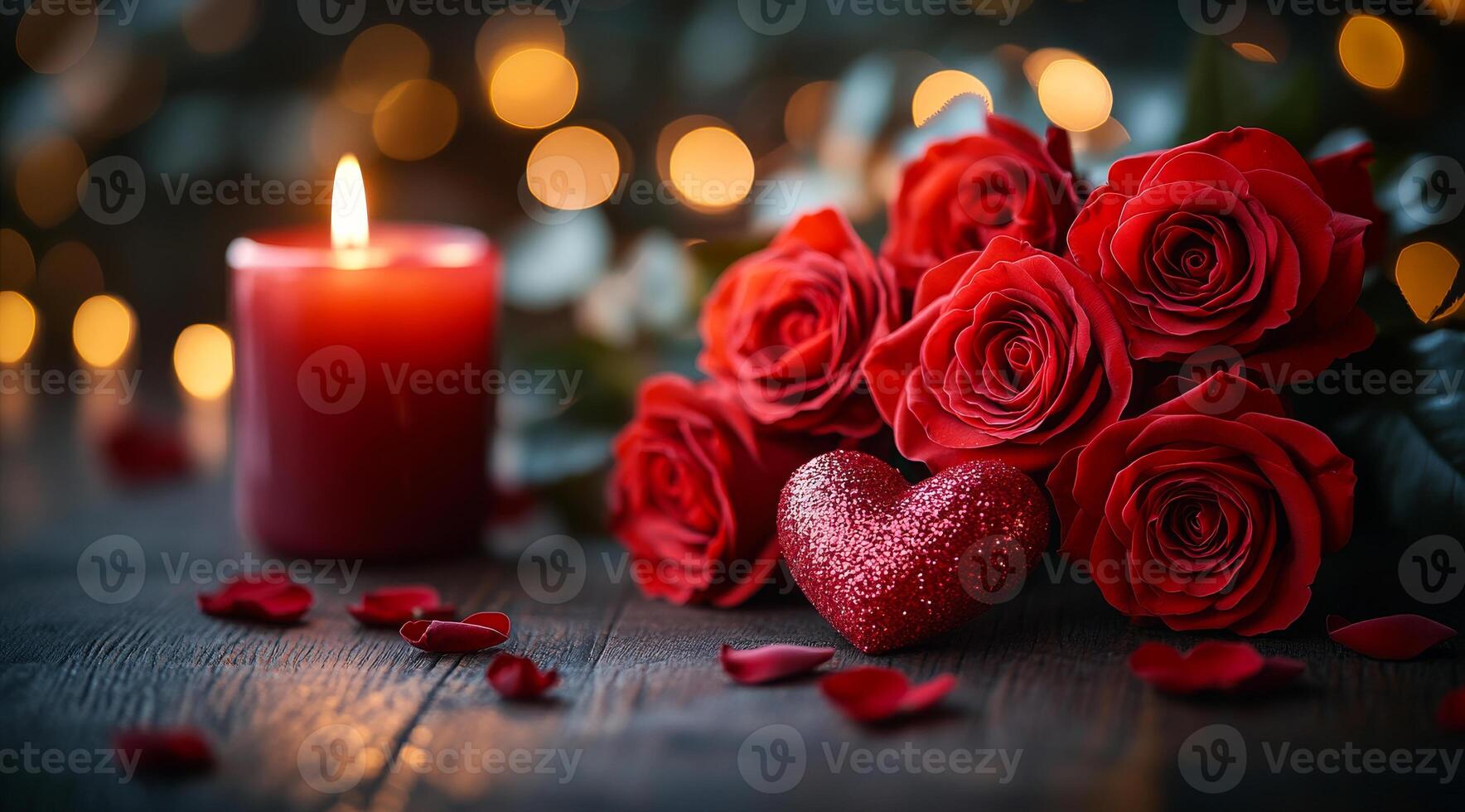A candle is lit next to a bouquet of red roses. The candle is surrounded by rose petals and the roses are arranged in a heart shape. The scene conveys a romantic and intimate atmosphere photo