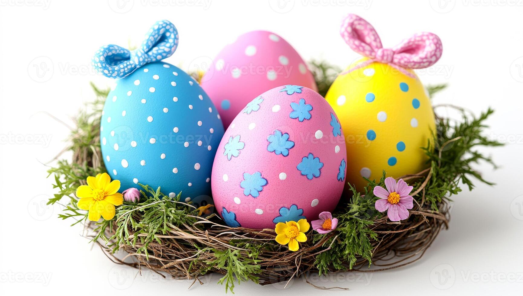 Colorful Easter eggs arranged in a nest. Brightly colored eggs decorated with patterns and bows sit in a nest surrounded by greenery and small flowers. photo