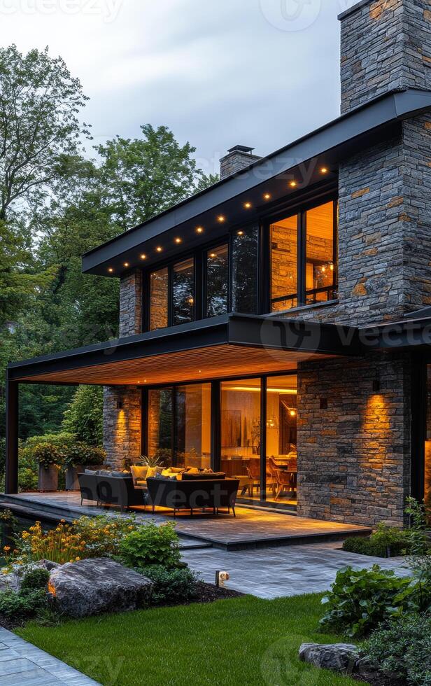 Twilight view of modern house. A contemporary stone house showcases large windows and outdoor seating surrounded by lush greenery at dusk. photo