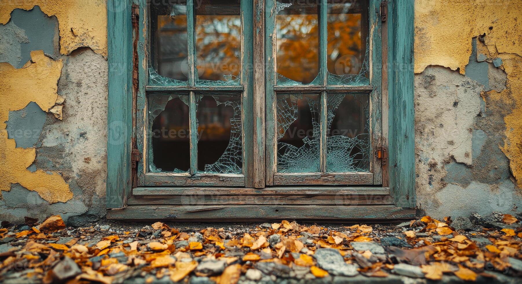 Ruined building, cracked windows. Cracked windows of an abandoned building frame fallen autumn leaves, showcasing nature reclaiming the space. photo