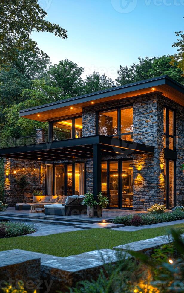 Modern stone house with outdoor lighting. A contemporary stone house surrounded by greenery features large windows and warm outdoor lighting in the evening. photo